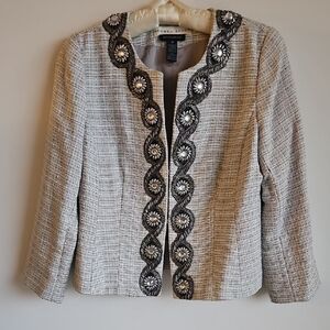 Boston Proper White and Black Blazer with Elegant Beaded Trim